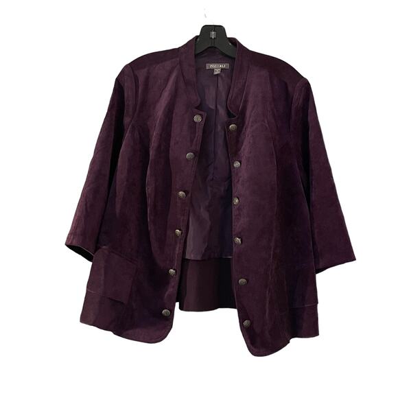 Roz & Ali Purple Blazer Jacket Womens 1X  Corduroy Open Front Metal Buttons - Picture 1 of 10